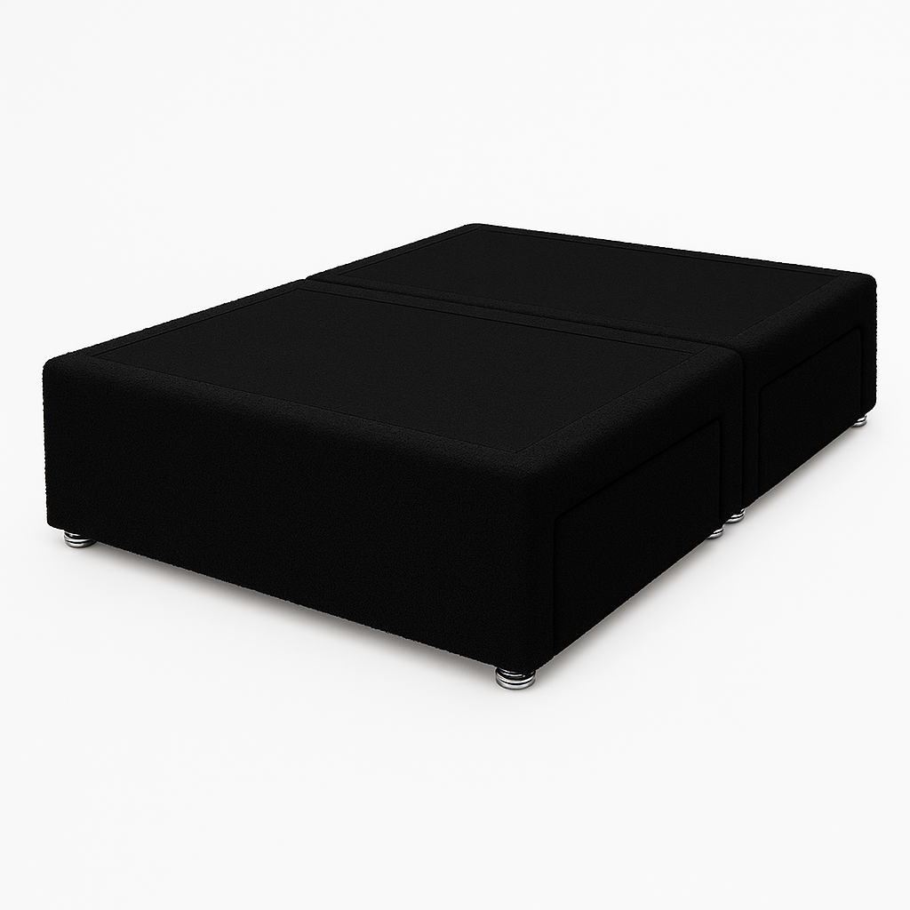 Black upholstered bed frame on a white background