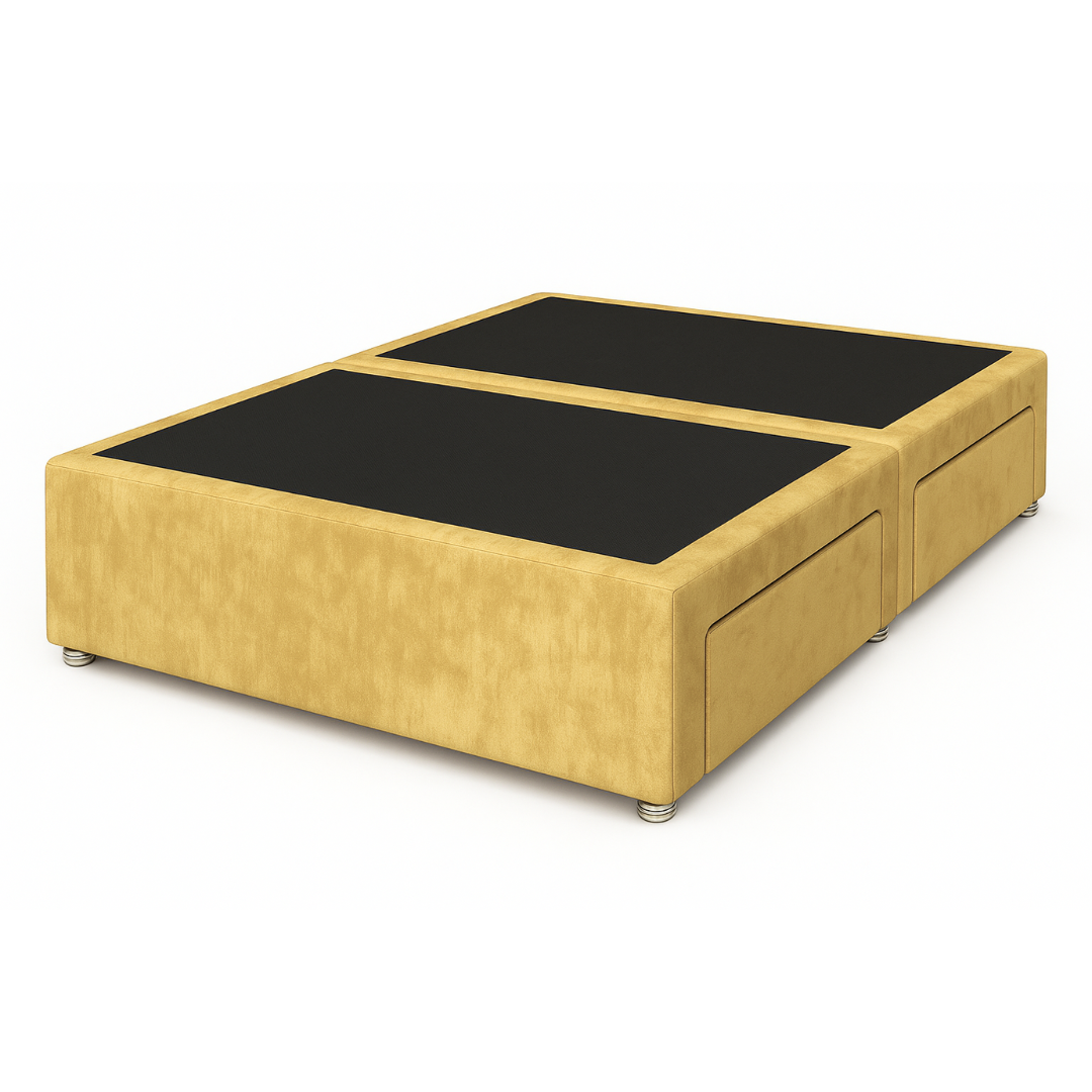 Beige upholstered bed with storage drawers on a white background