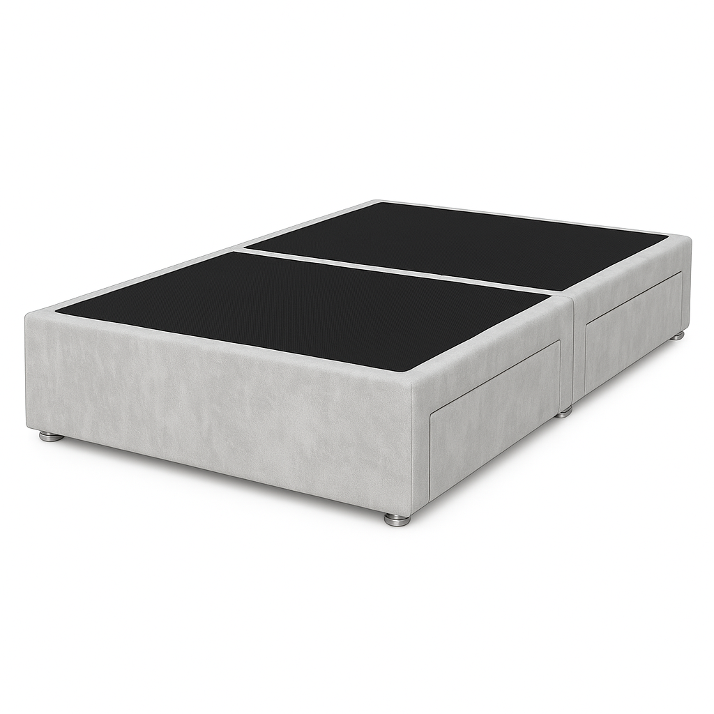 Gray upholstered bed with storage drawers on a white background