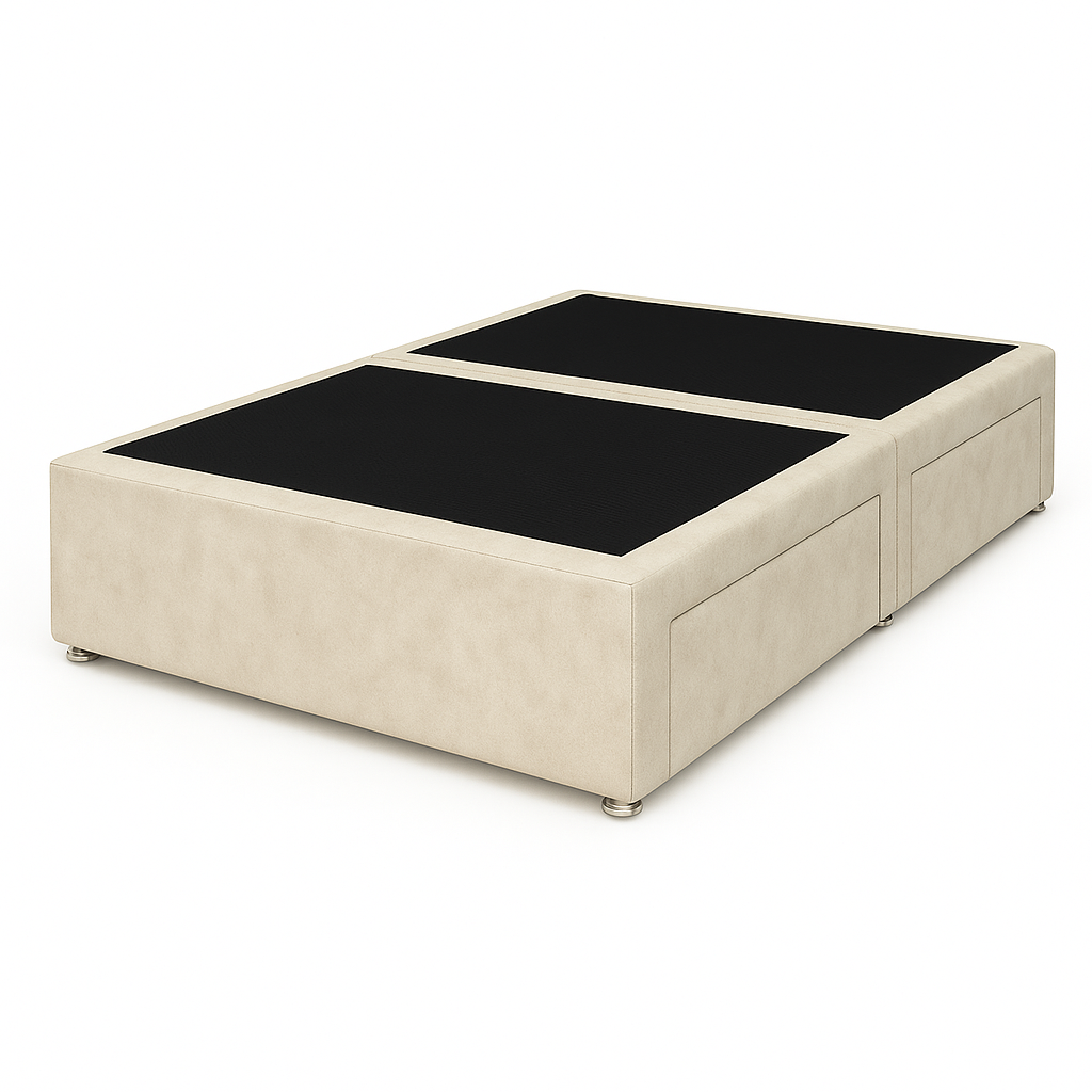 Beige bed frame with black mattress on a white background