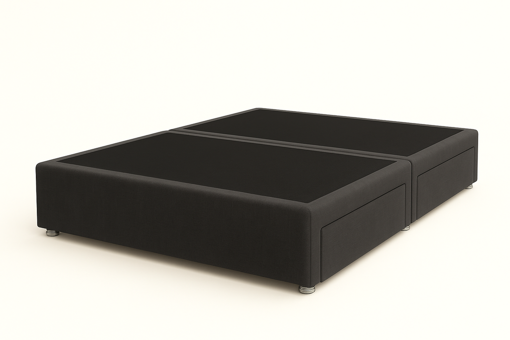 Black upholstered bed frame on a white background