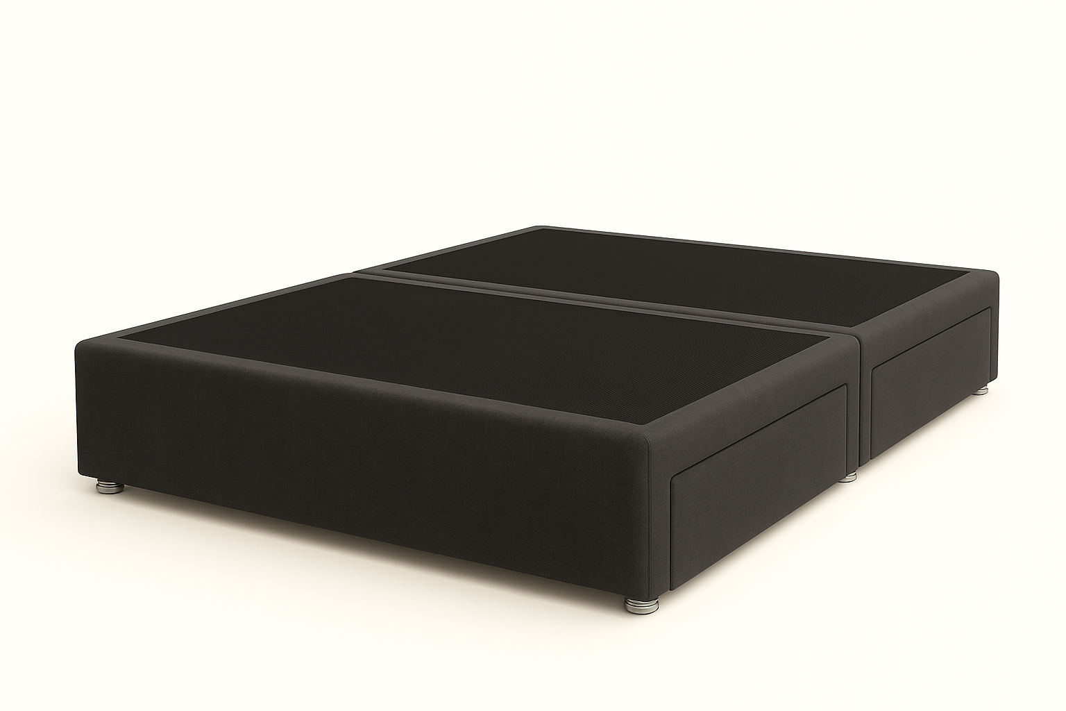 Black upholstered bed frame on a white background