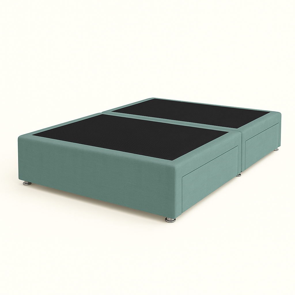 Teal bed frame with black mattress on a white background