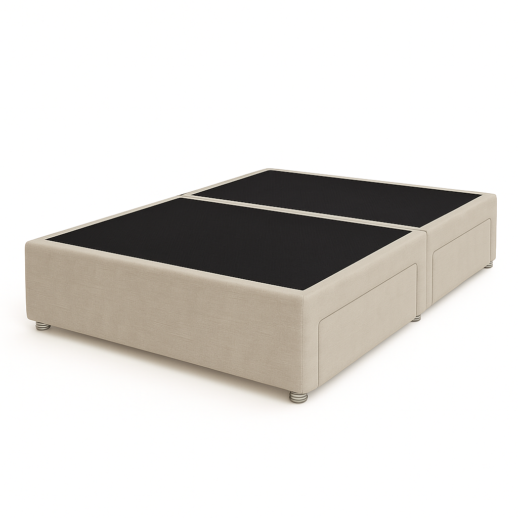 Beige storage bed with black mattress on a white background