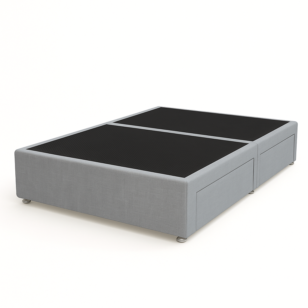 Gray upholstered bed with storage drawers on a white background