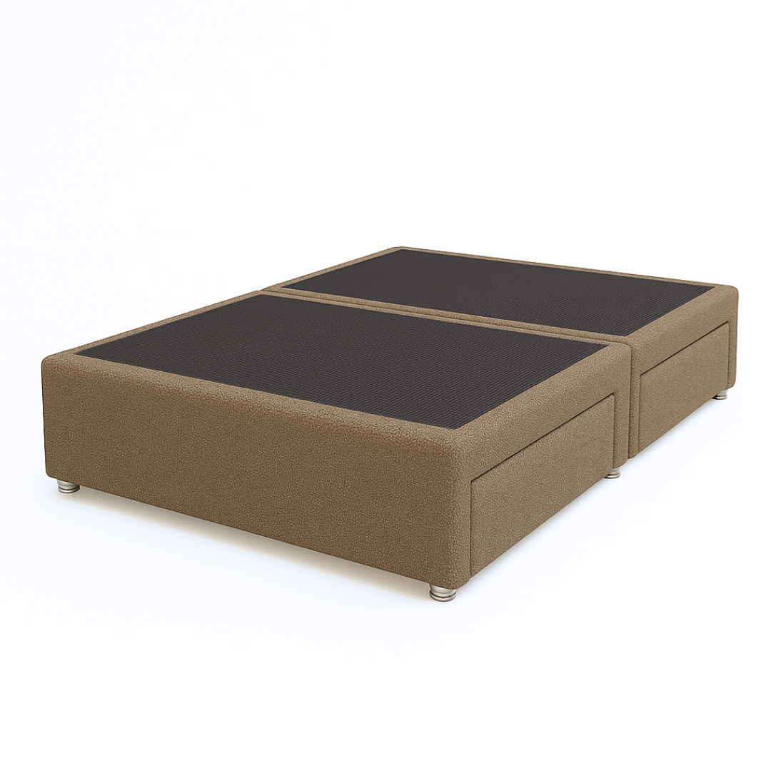 Brown upholstered bed frame on a white background