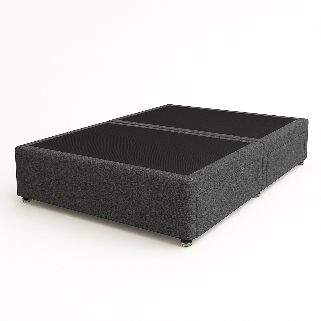 Gray upholstered bed frame with storage drawers on a white background