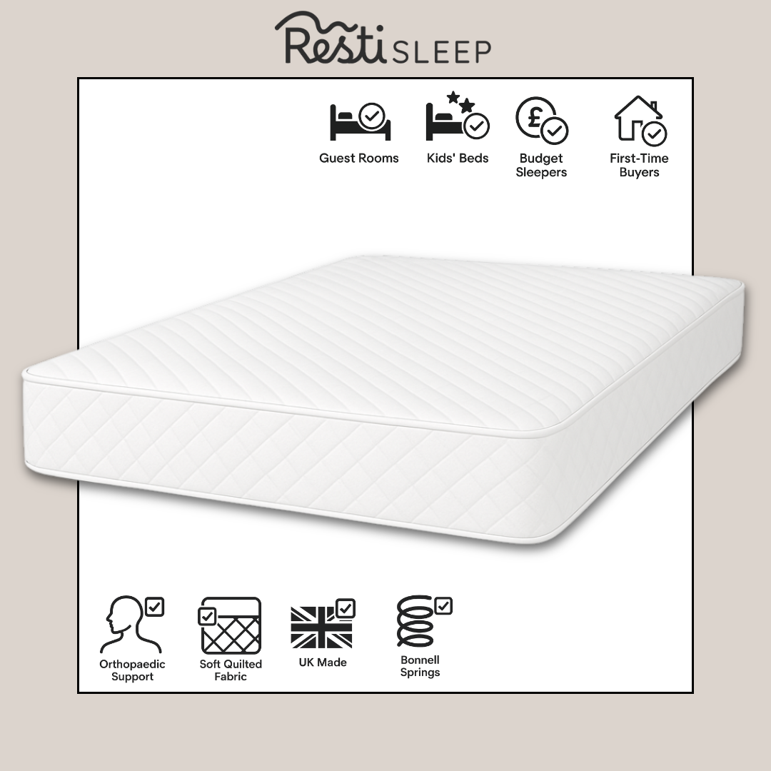 Resti UK Made Bonnell Coil Spring Mattress | Soft-Medium Feel | Quilted Fabric Single/Double/King