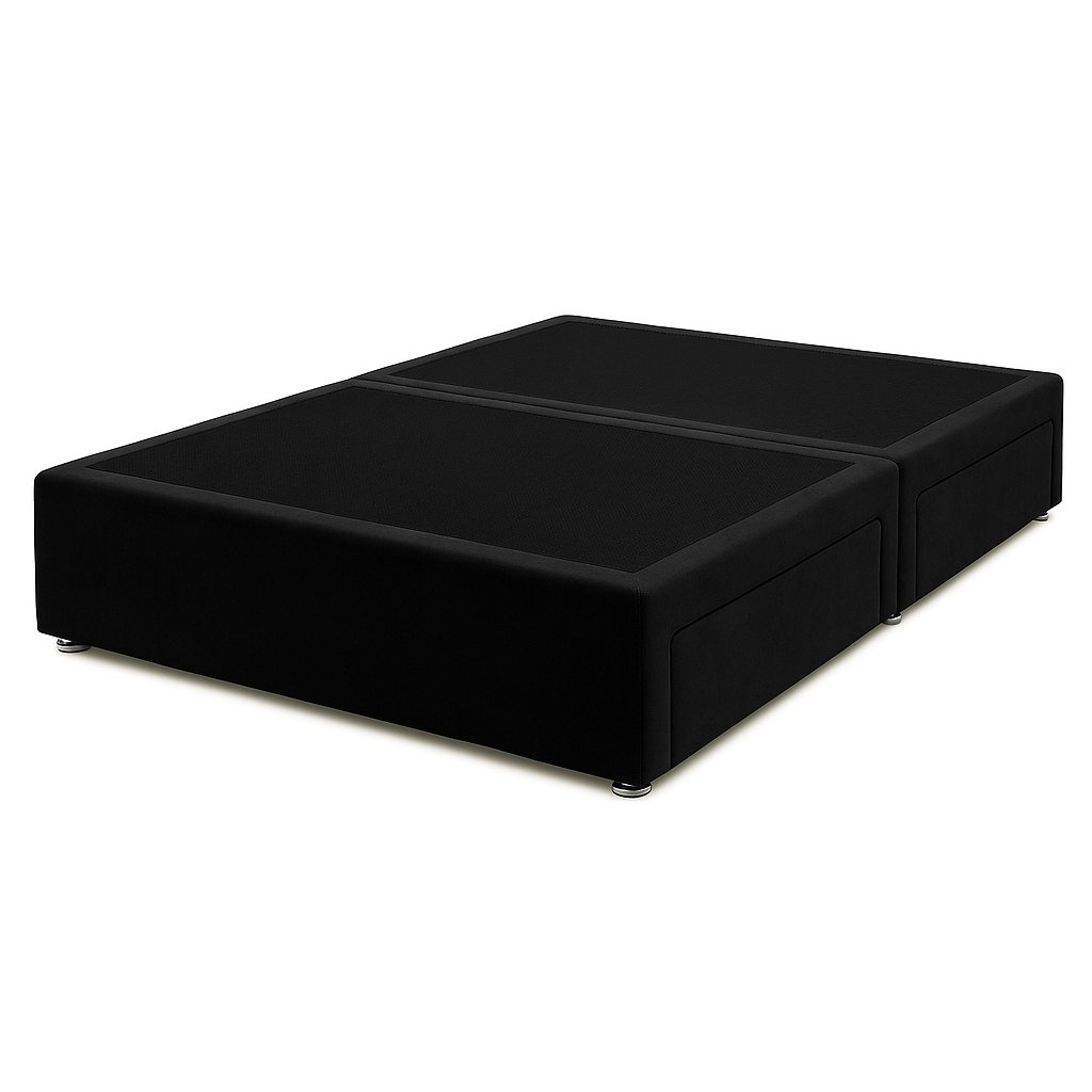 Black bed frame with storage drawers on a white background