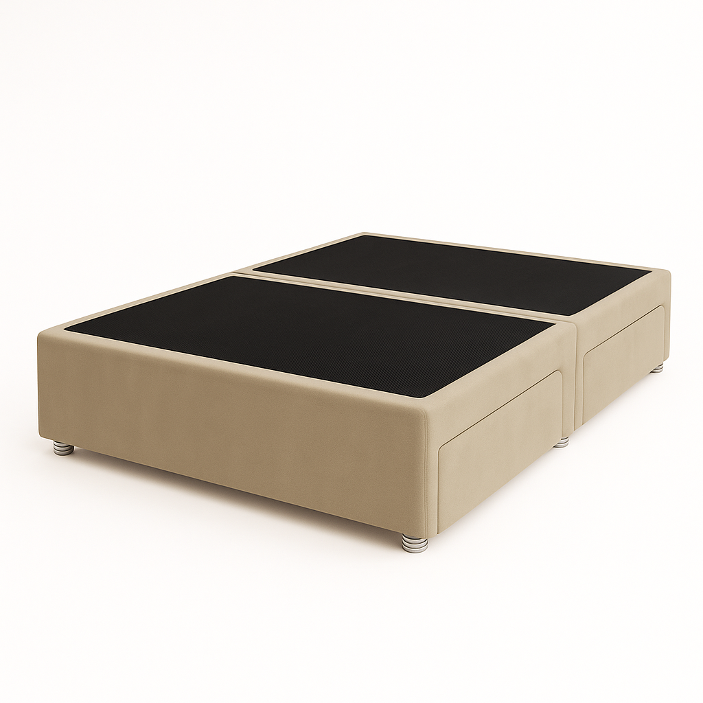 Beige upholstered bed frame on a white background