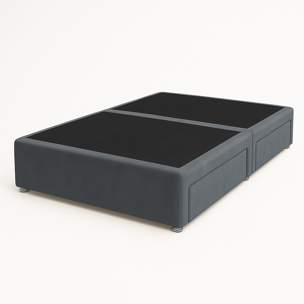 Gray bed frame with storage drawers on a white background