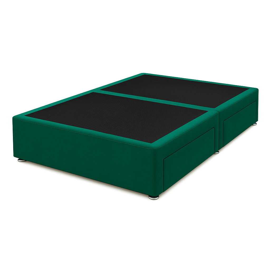 Green bed frame with black mattress on a white background