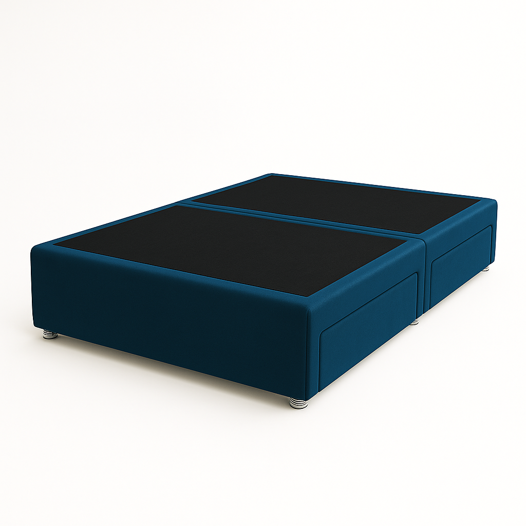 Blue upholstered storage ottoman with black cushion on a white background